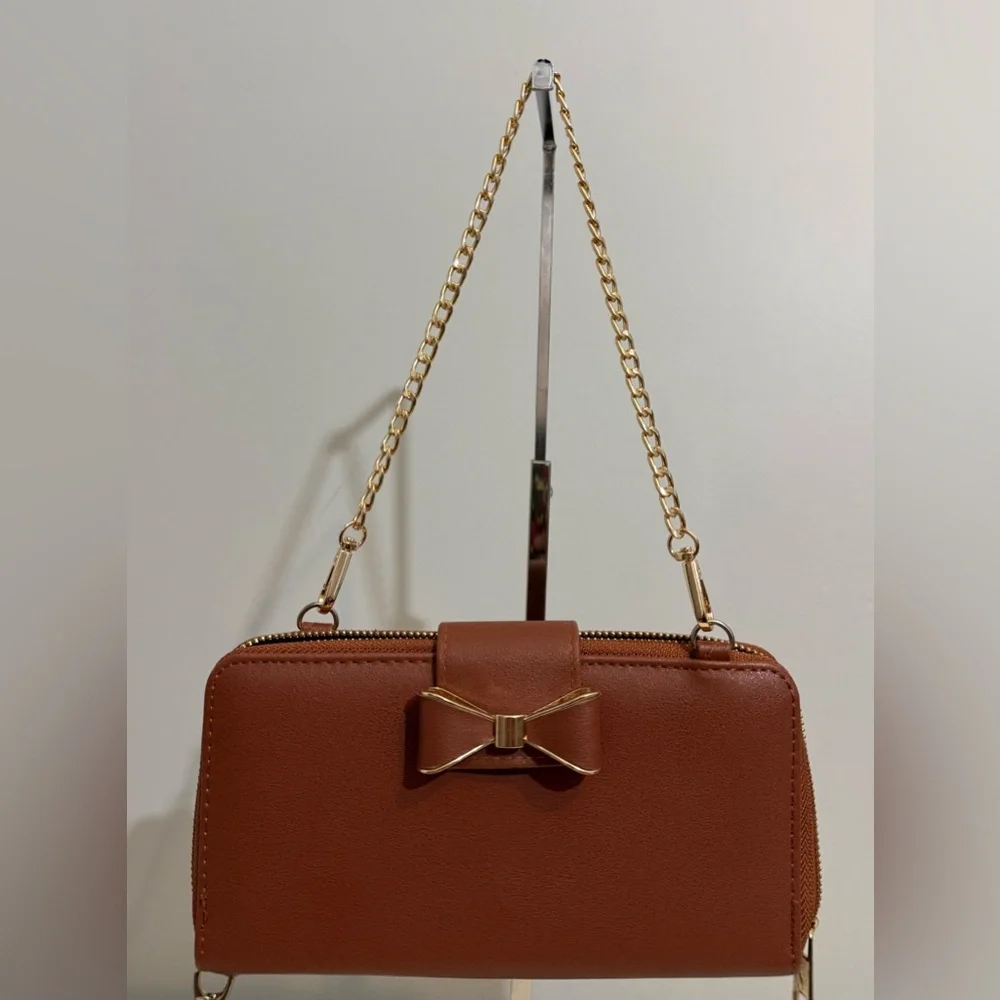 Brown Bow-Accent Wristlet Wallet Small Purse with Gold Chain